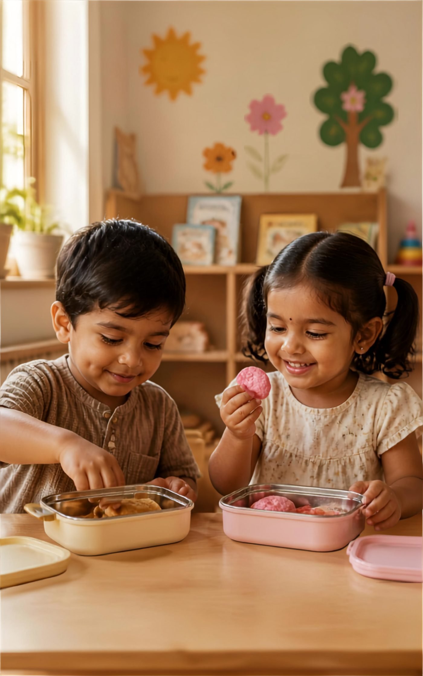 Two toddlers eating from their tiffin boxes at playschool