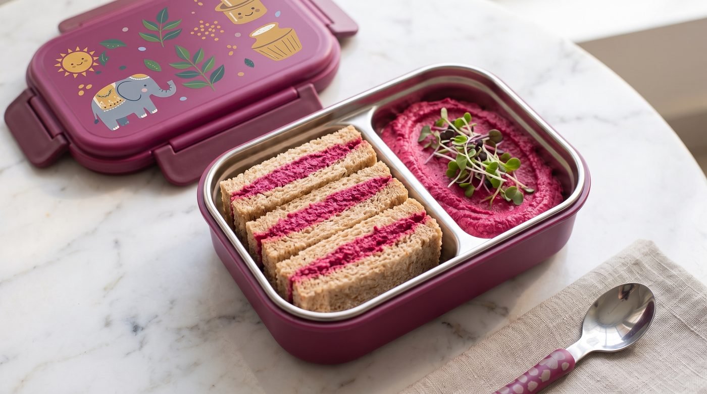 Beetroot hummus sandwich fingers packed in a magenta tiffin